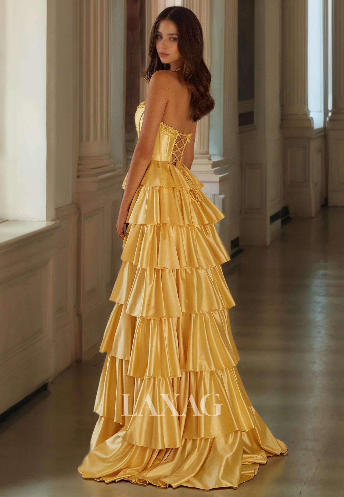 Beaded Scoop-Neck Off-Shoulder A-Line Prom Dress Sleeveless Pleated High Slit Tiered Dinner Gowns