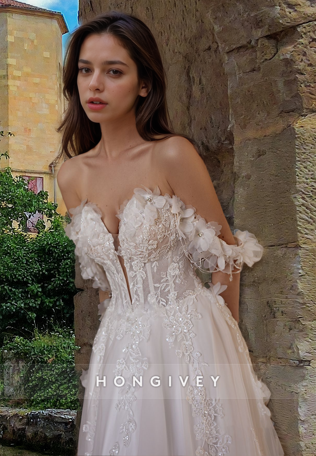 Floral Off-Shoulder Tulle A-Line Wedding Dress Bridal Gown HONGIVEY