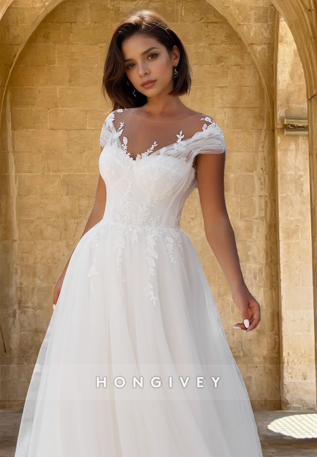 Spaghetti Straps Applique A-Line Tulle Engagement Wedding Dress 2025