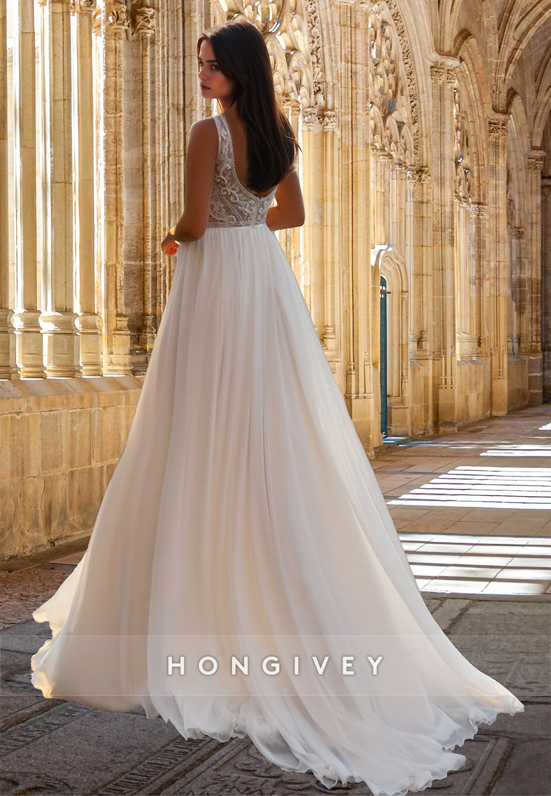 Sexy Sheer V-Neck A-Line Tulle Engagement Beach Wedding Dress HONGIVEY