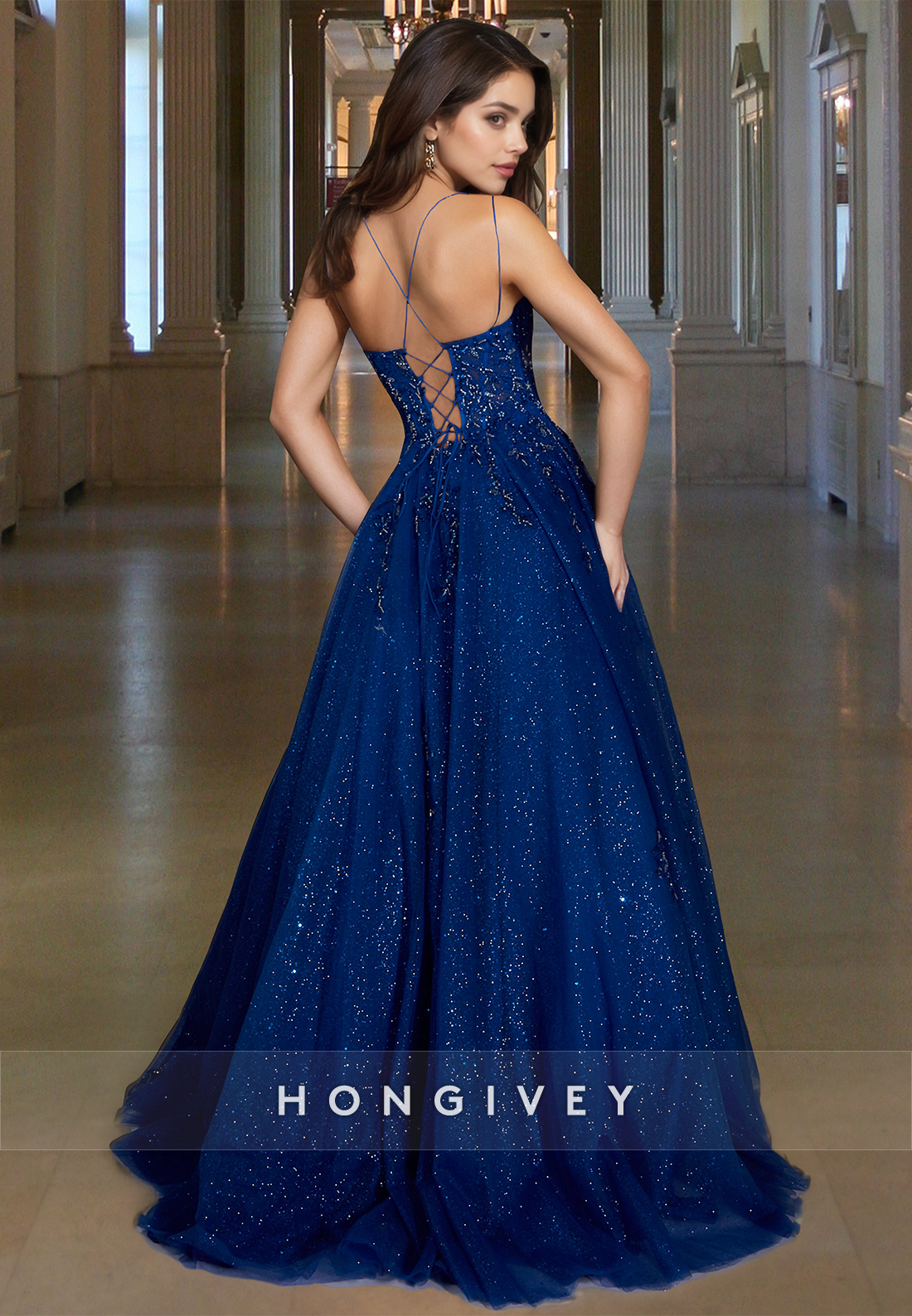 Floral Spaghetti Straps Long Evening Dress Stunning Tulle Ball Gown HONGIVEY