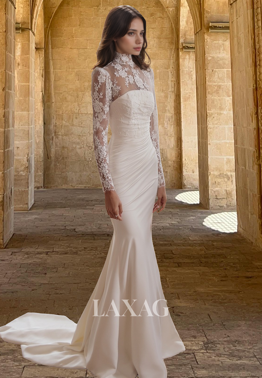 High-Neck Long-Sleeves Mermaid Prom Dress Lace Applique Pleated Sweep Train Satin Bride Gowns