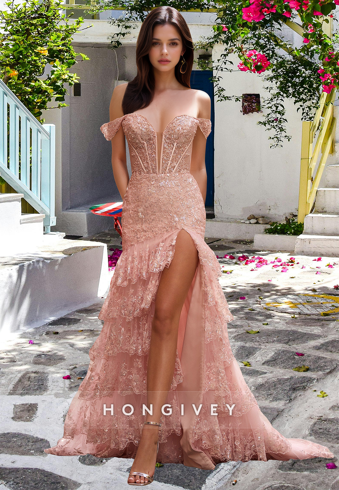 Sparkle Tiered Mermaid with Slit Dusty Rose Evening Quinceanera Homecoming Dress