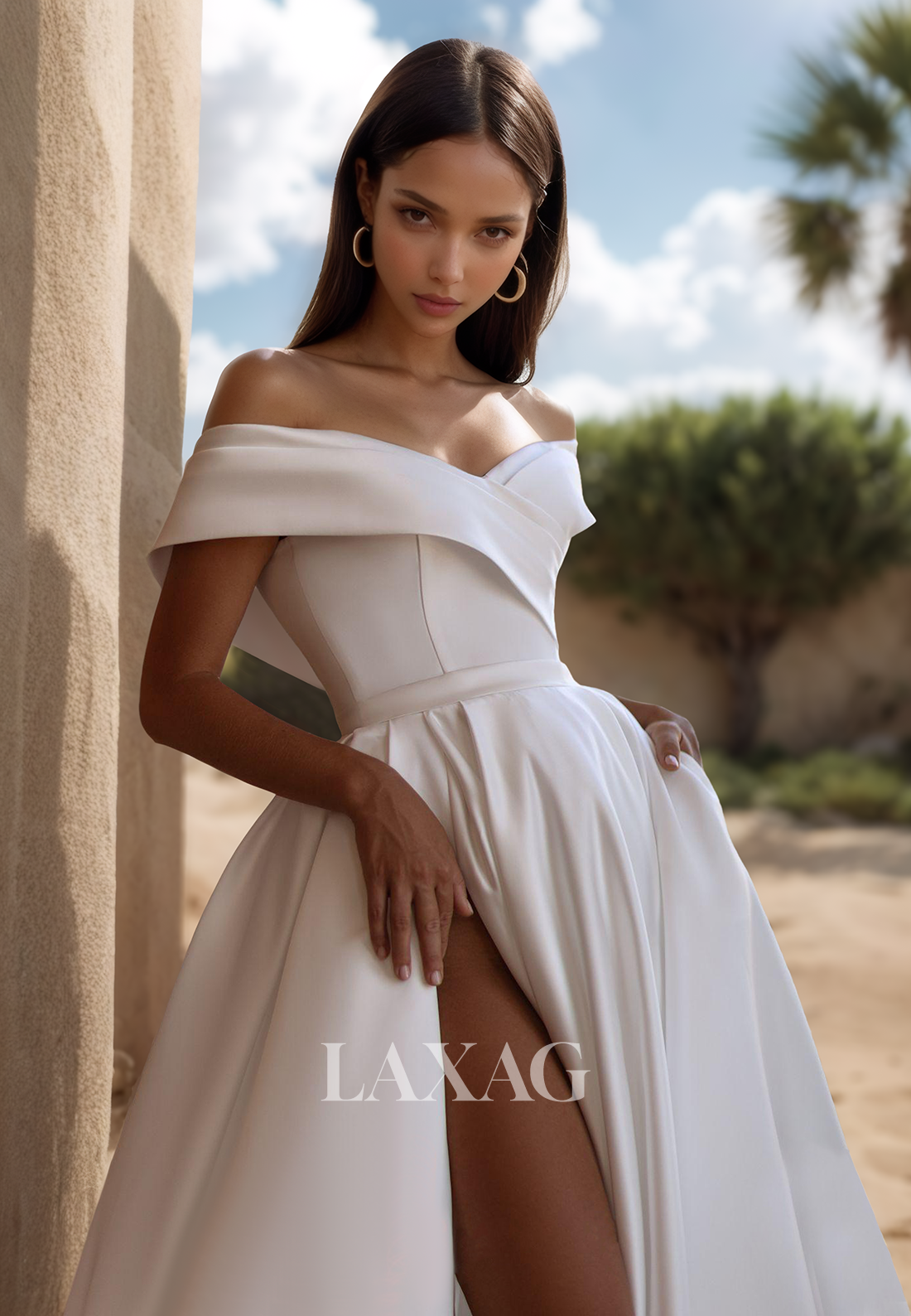 Simple V-Neck Off-Shoulder Sleeveless Pleated Sweep Train Satin  A-Line Wedding Dress with High Slit