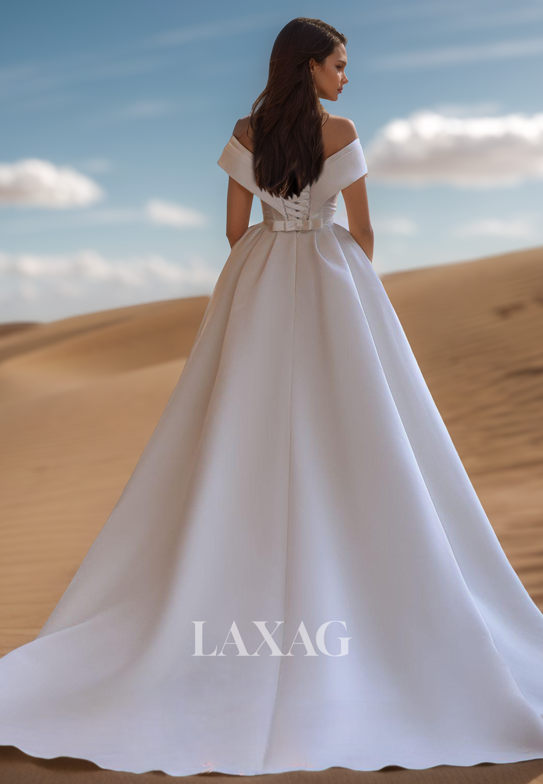 Simple V-Neck Off-Shoulder Sleeveless Pleated Sweep Train Satin  A-Line Wedding Dress with High Slit