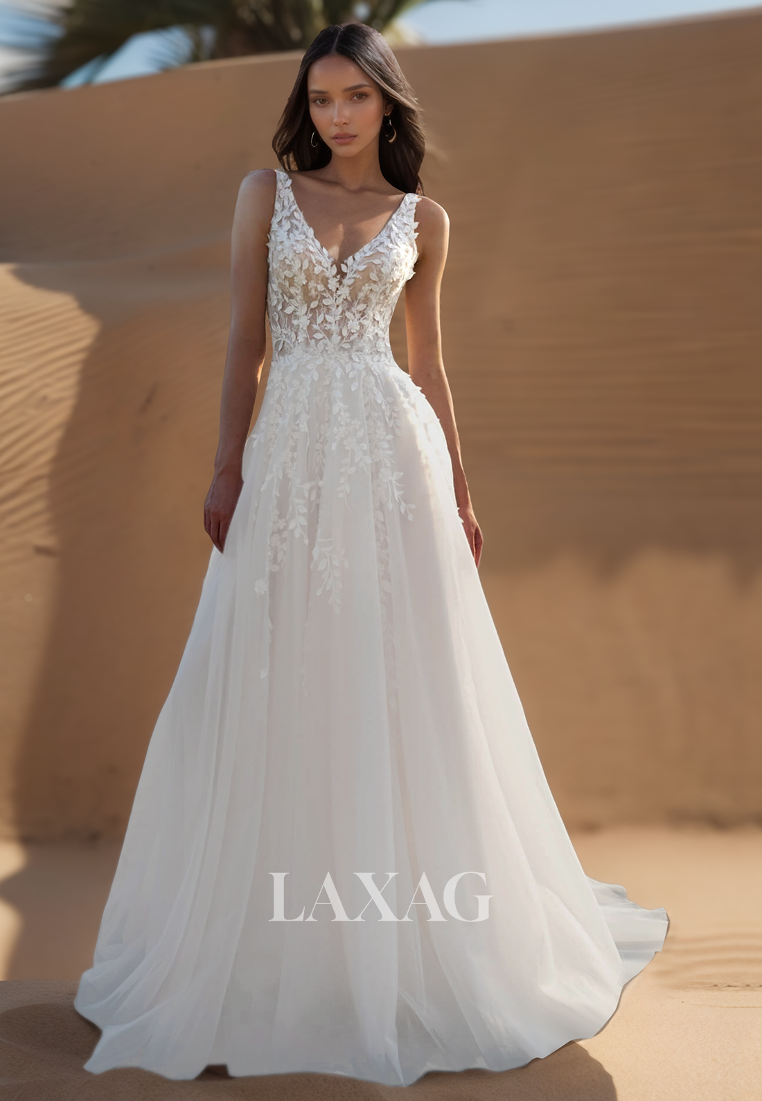 V-Neck Straps Off-Shoulder Sleeveless Bride Gowns Foliage Motif Applique Tulle A-Line Wedding Dress