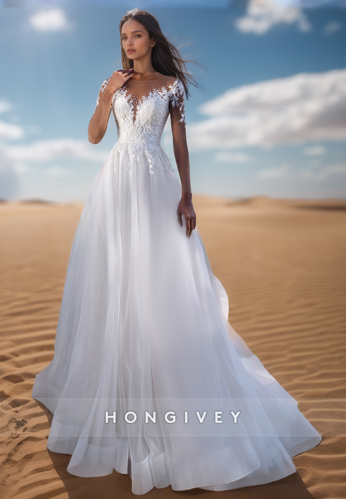 A-Line Lace appliques Organza Long Sleeves Beach Wedding Dresses with Train