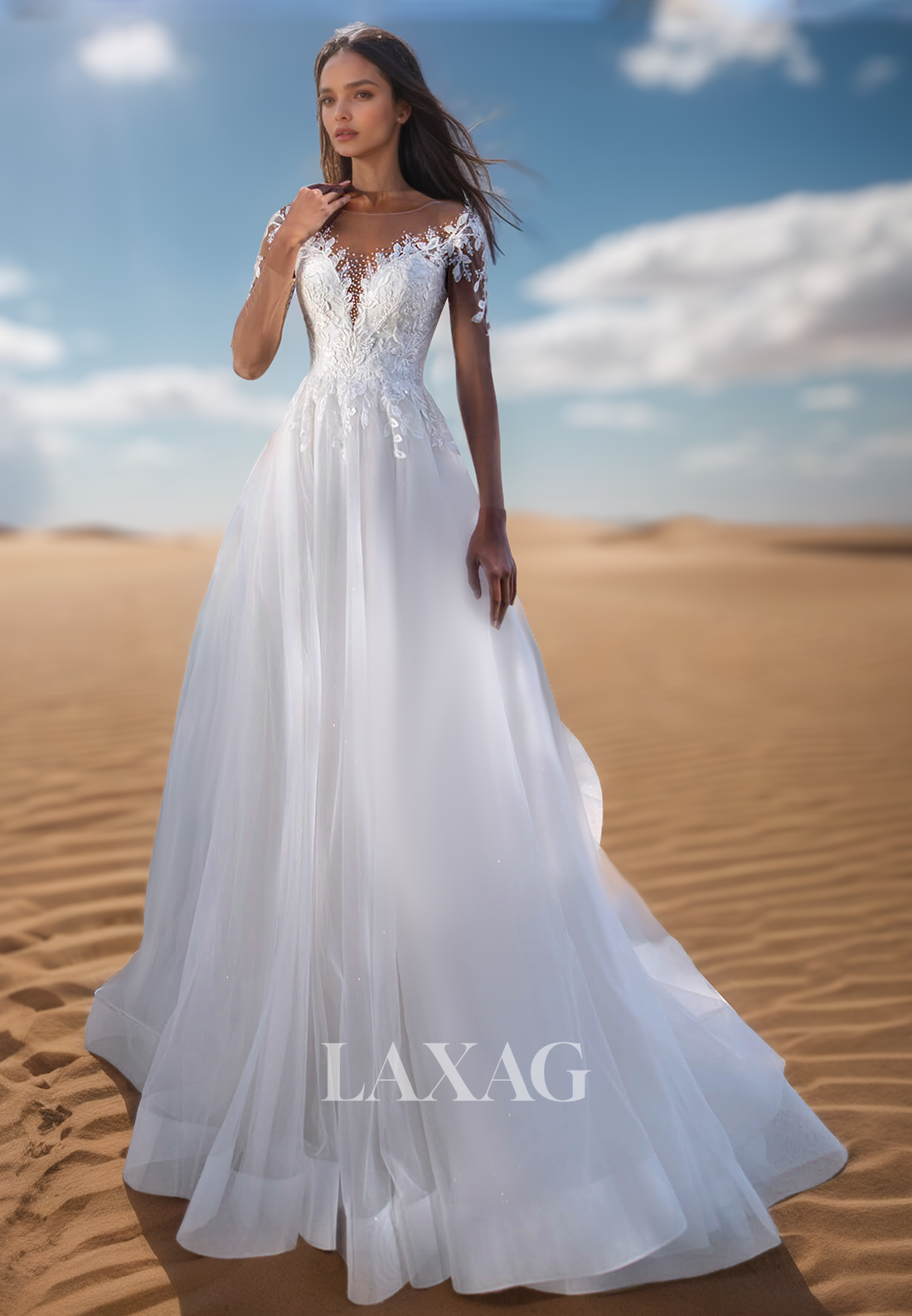 V-Neck Sheer-Long-Sleeves Tulle A-Line Wedding Dress Beaded Applique Pleated Bride Gowns