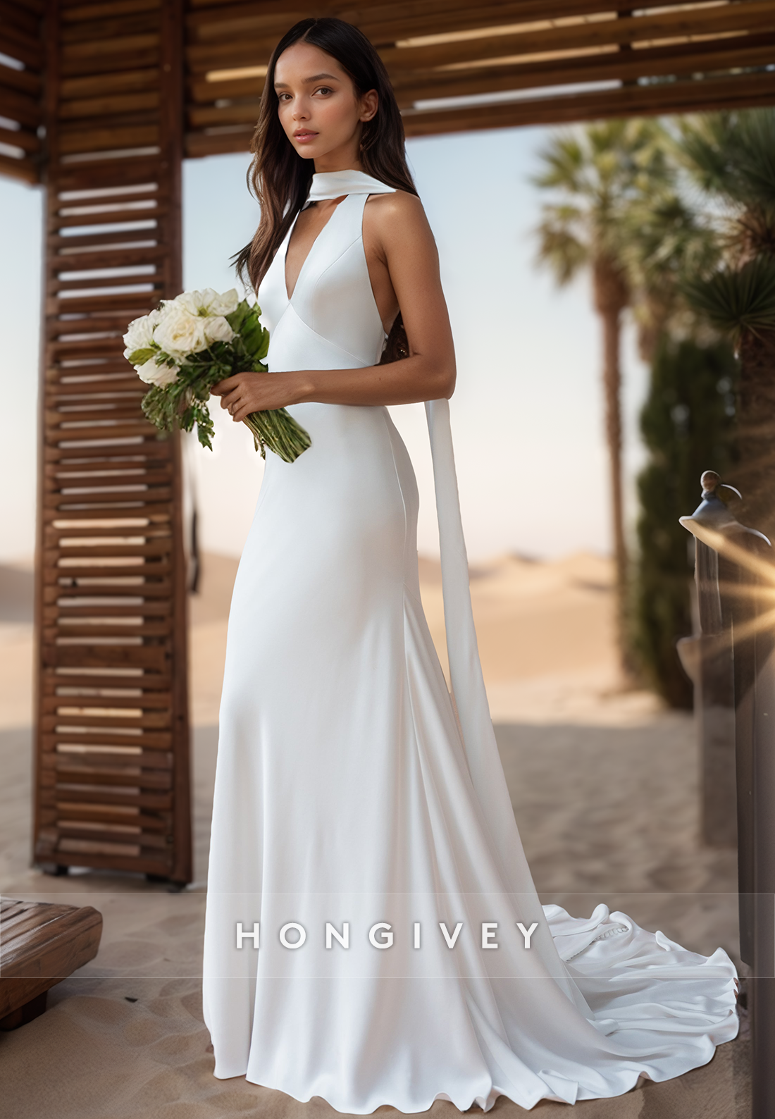 V-Neck Halter Button Beach Mermaid Wedding Dresses with Brush Train