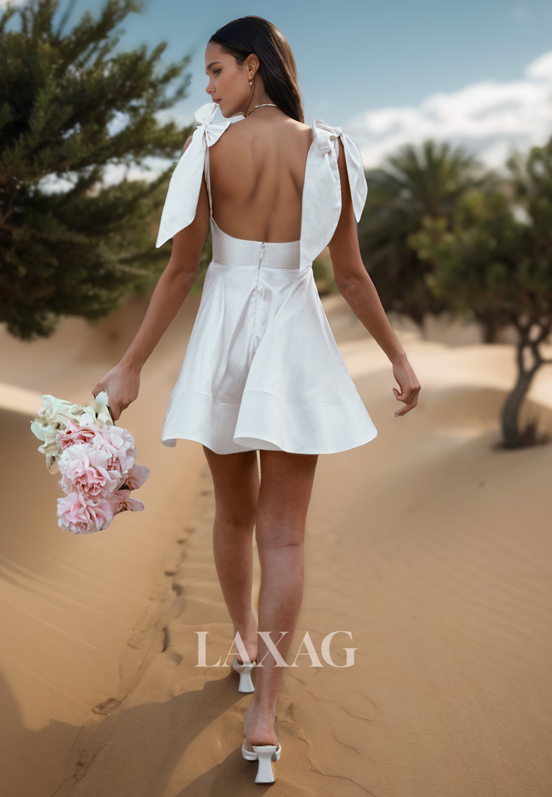 Square-Neck Bows-Straps Off-Shoulder A-Line Wedding Dress Sleeveless Short Satin Beach Bride Gowns