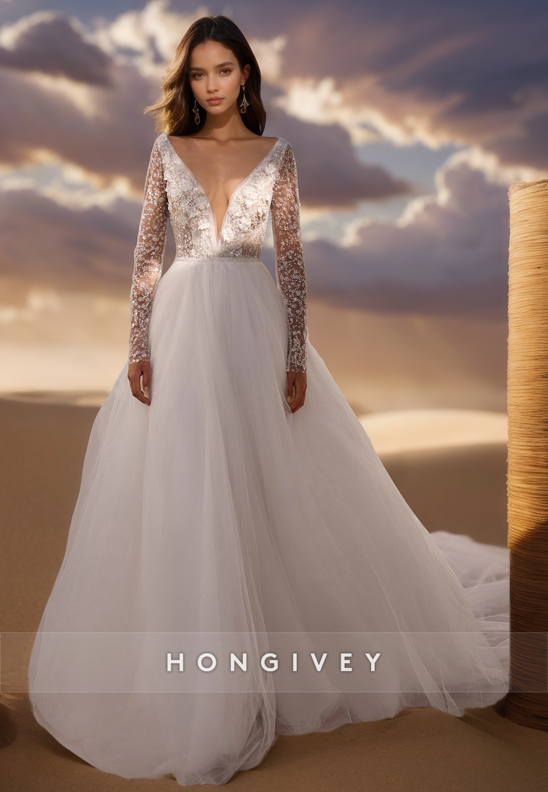 A-Line Deep V-Neck Long Sleeve Floral Lace Couture Wedding Dresses