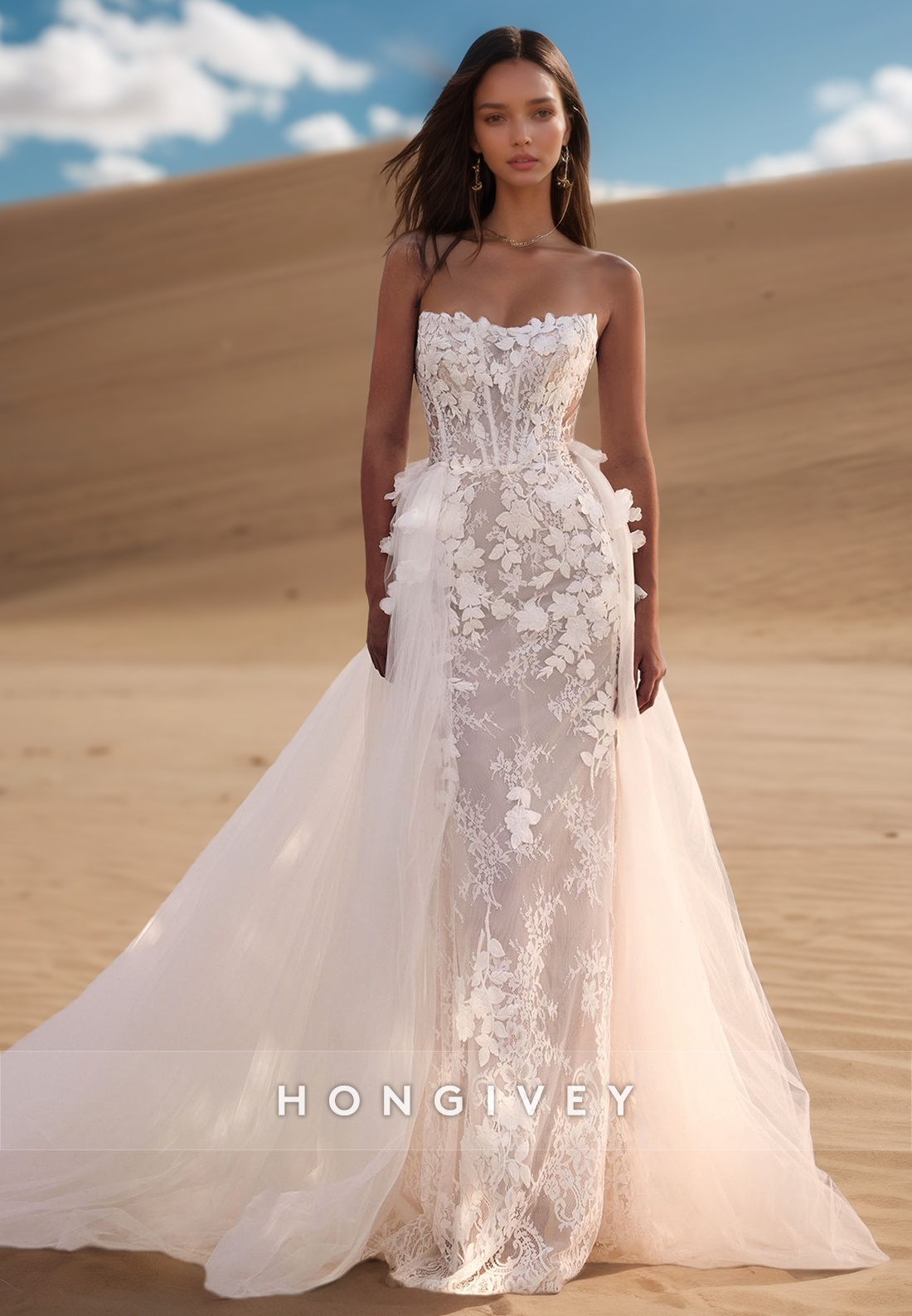 Tube Top Floral Lace Applique Sexy Wedding Dresses With Detachable train