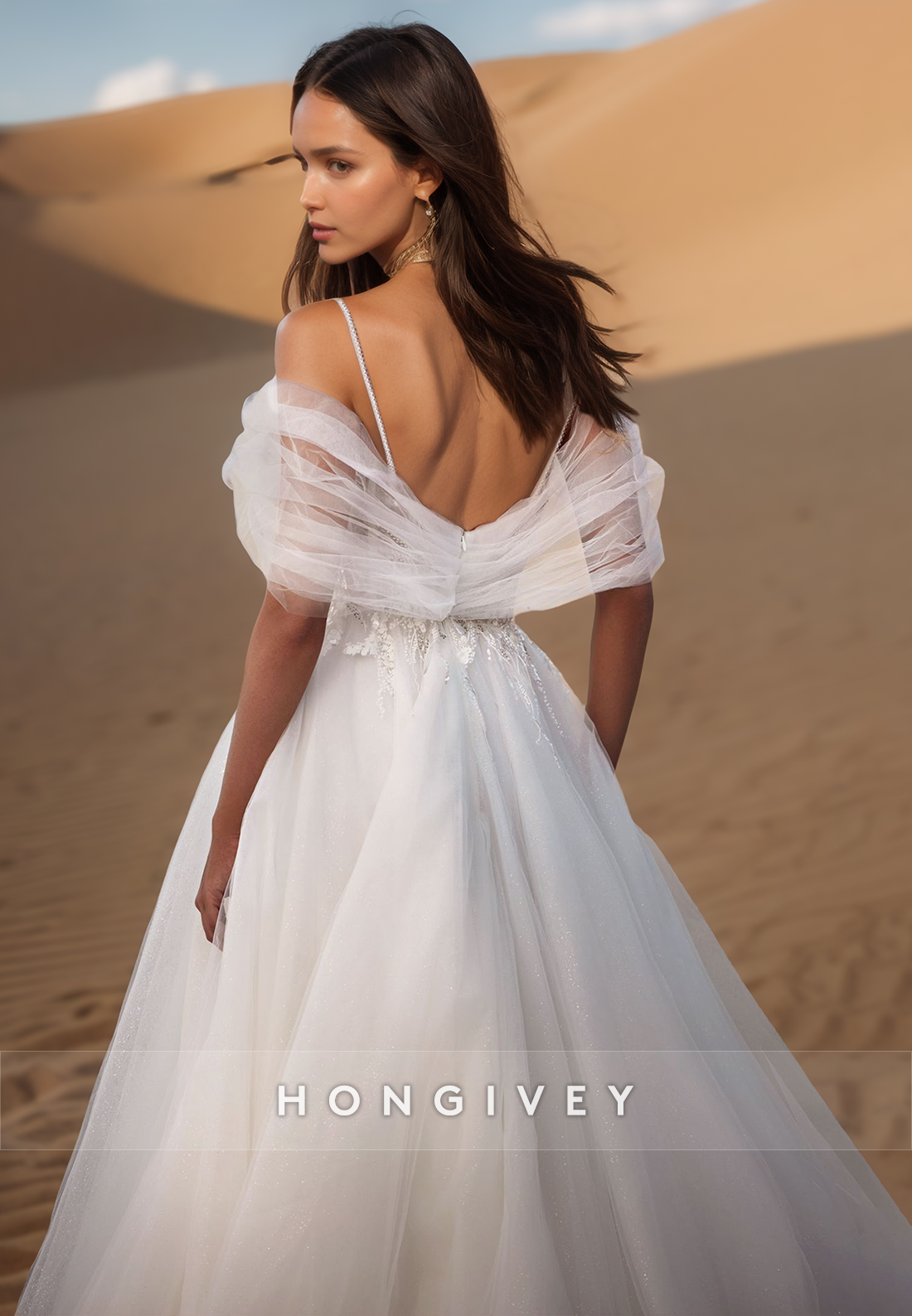A-Line Plunging Illusion Strap Lace Appliques Ornate  Wedding Dresses with Train