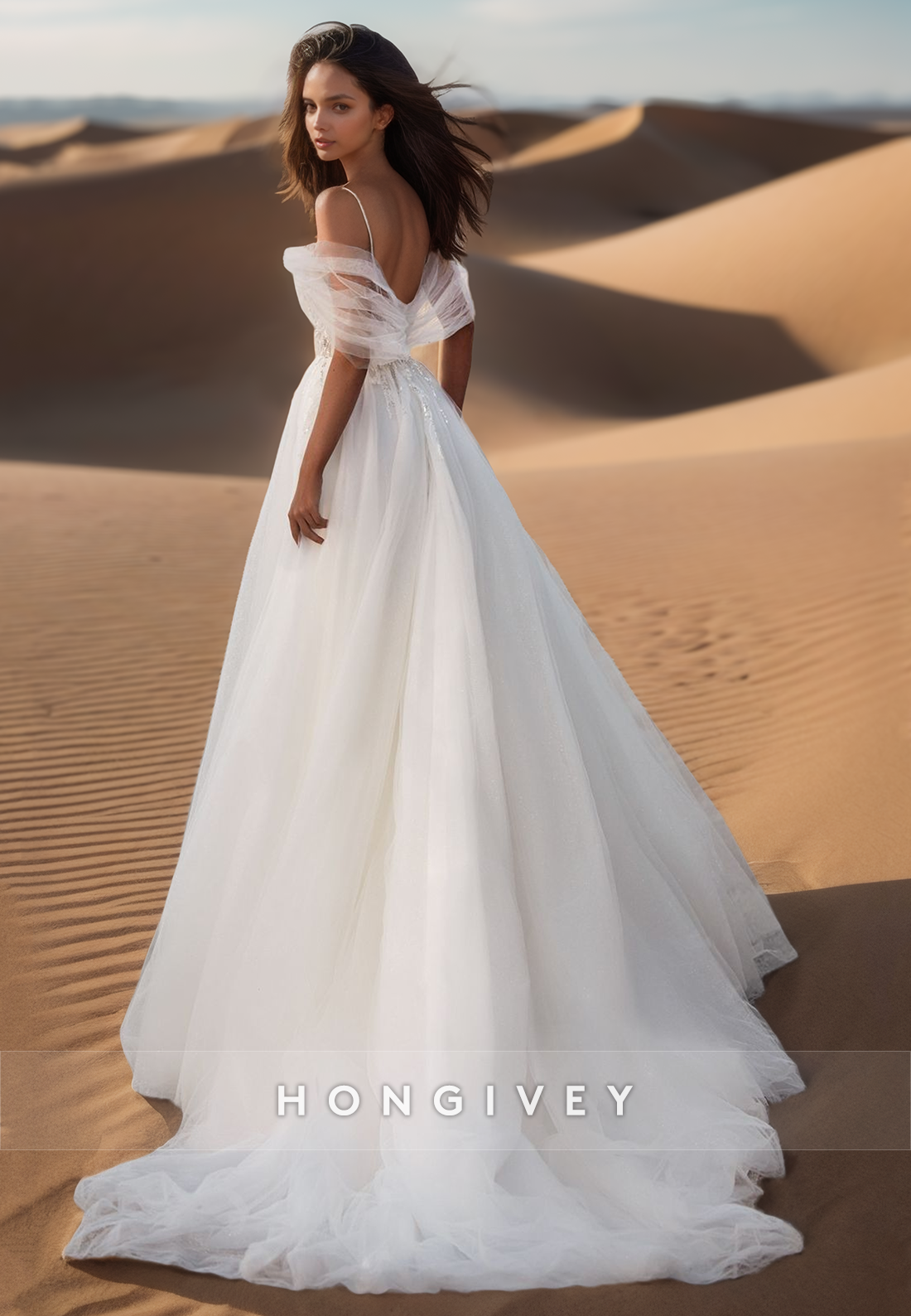 A-Line Plunging Illusion Strap Lace Appliques Ornate  Wedding Dresses with Train