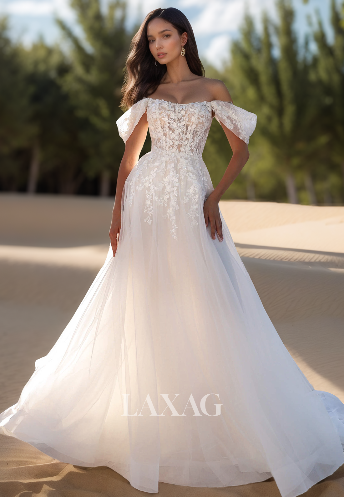 Scoop-Neck Off-Shoulder Sleeveless Bride Gowns Beaded Applique Sheer Pleated A-Line Wedding Dress