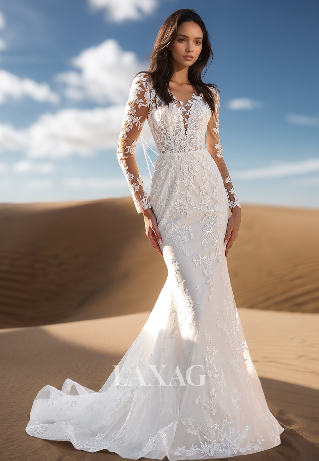 Long-Sleeves Deep V-Neck Beaded Applique Bride Gowns Pleated Sheer Sweep Train Mermaid Wedding Dress