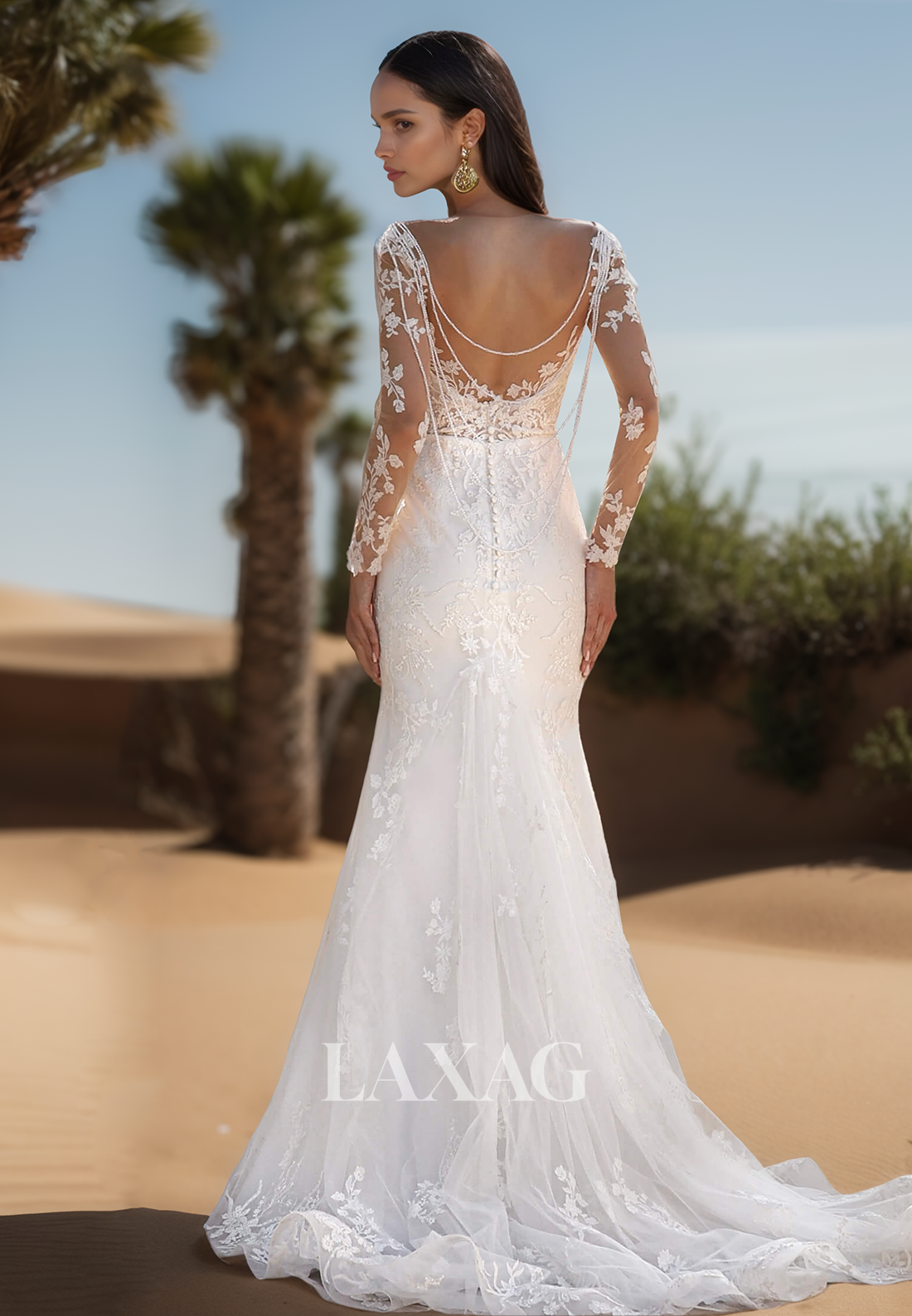 Long-Sleeves Deep V-Neck Beaded Applique Bride Gowns Pleated Sheer Sweep Train Mermaid Wedding Dress