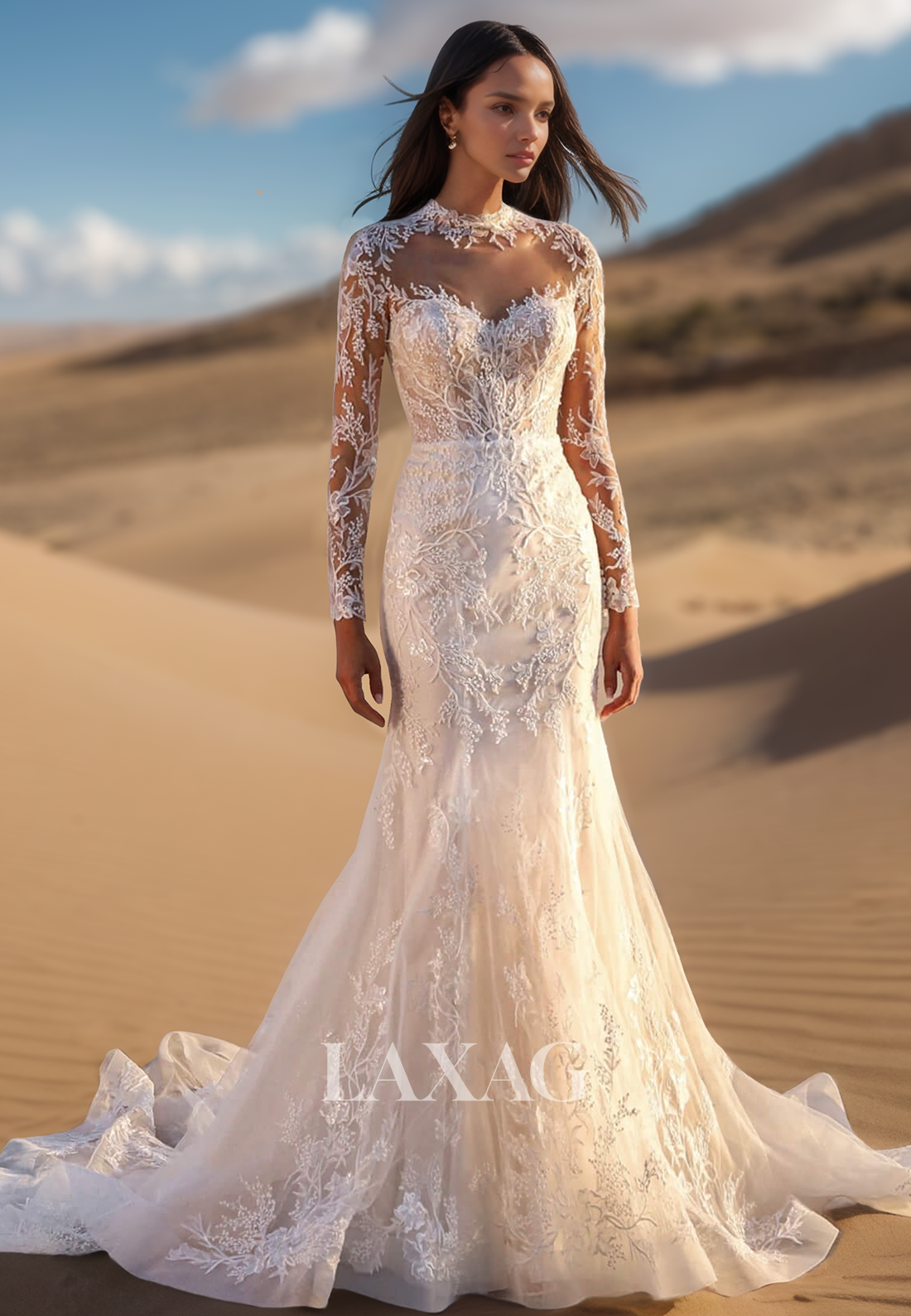 High-Neck Long-Sleeves Mermaid Wedding Dress Beaded Applique Pleated Tulle Bride Gowns with Sweep Train