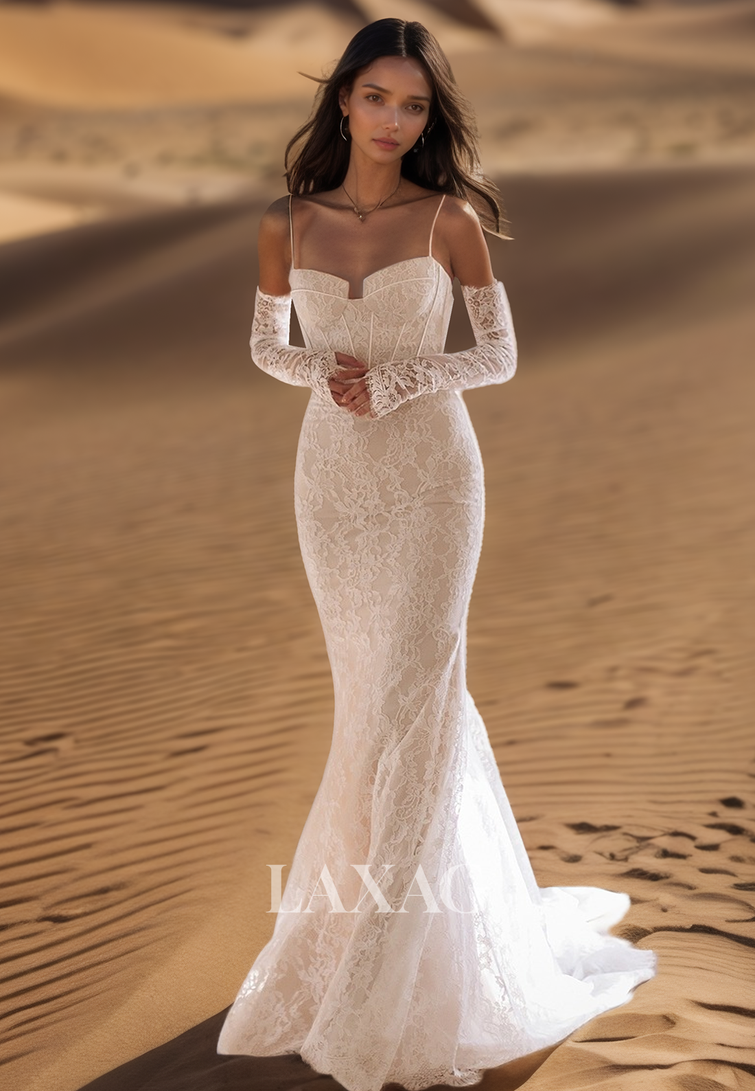Spaghetti Straps Sweetheart Long-Sleeves Bride Gowns Allover Lace Sweep Train Mermaid Wedding Dress