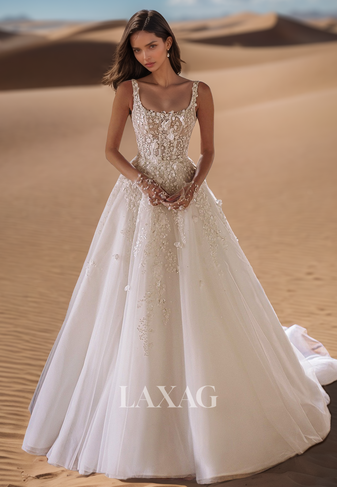 Scoop-Neck Spaghetti Straps Bride Gowns Off-Shoulder Beaded Applique Pleated A-Line Wedding Dress