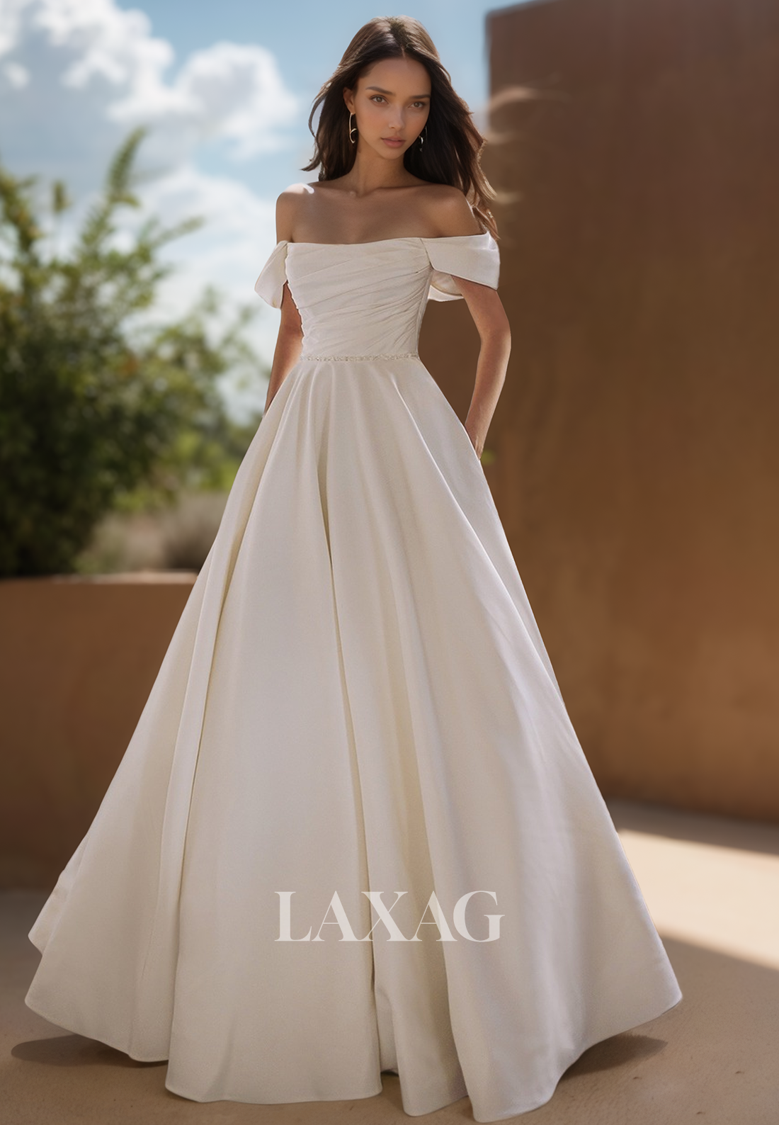 Simple Tube Top Off-Shoulder Sleeveless Beaded Pleated Satin A-Line Wedding Dress with Sweep Train
