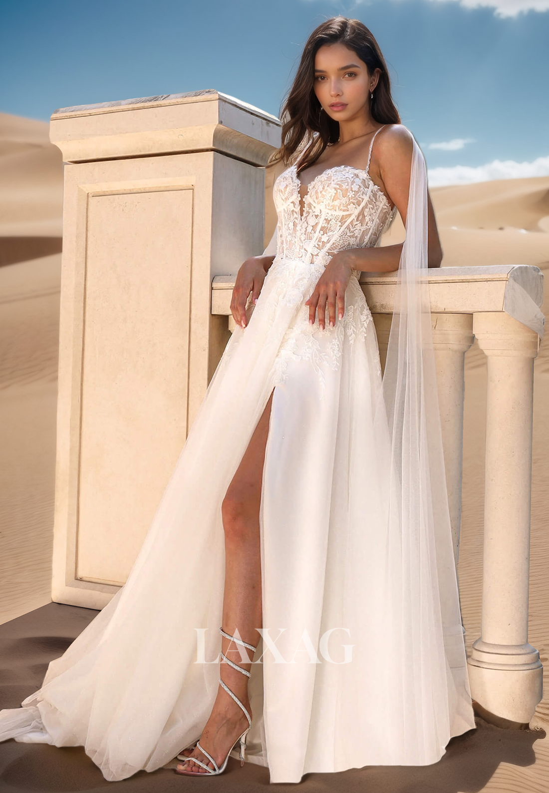 Sweetheart Spaghetti Straps Lace Applique Pleated Sheer Tulle A-Line Wedding Dress with High Slit