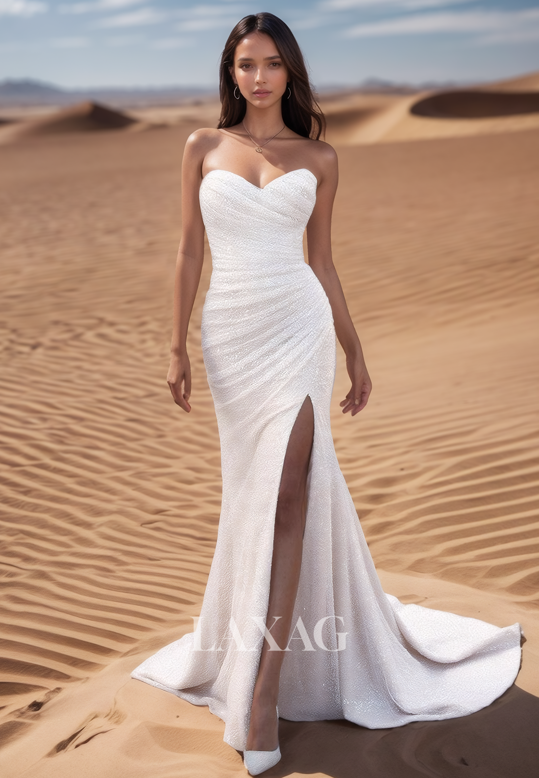 Sweetheart Off-Shoulder Sleeveless Bride Gowns Fully Beaded Pleated Train Slit Mermaid Wedding Dress