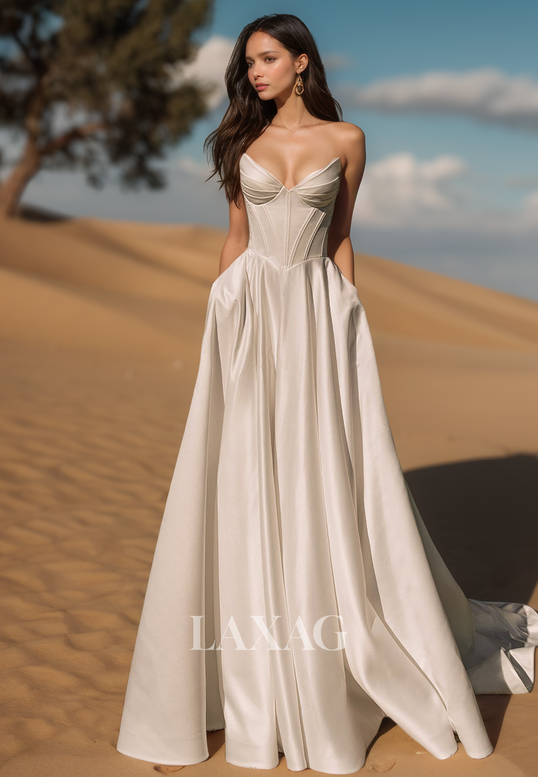 V-Neck Pleated Sweep Train Satin A-Line Wedding Dress Simple Off-Shoulder Sleeveless Bride Gowns
