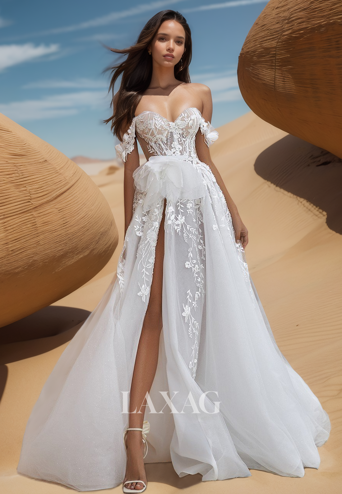 A-Line Sweetheart Sleeveless Tulle Wedding Dress Beaded Applique Pleated High Slit Bride Gowns