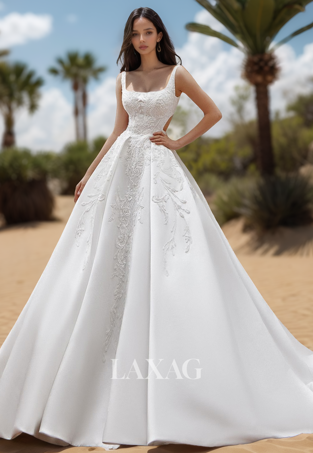 Square-Neck Spaghetti Straps Off-Shoulder Sleeveless Beaded Applique Pleated Satin A-Line Wedding Dress