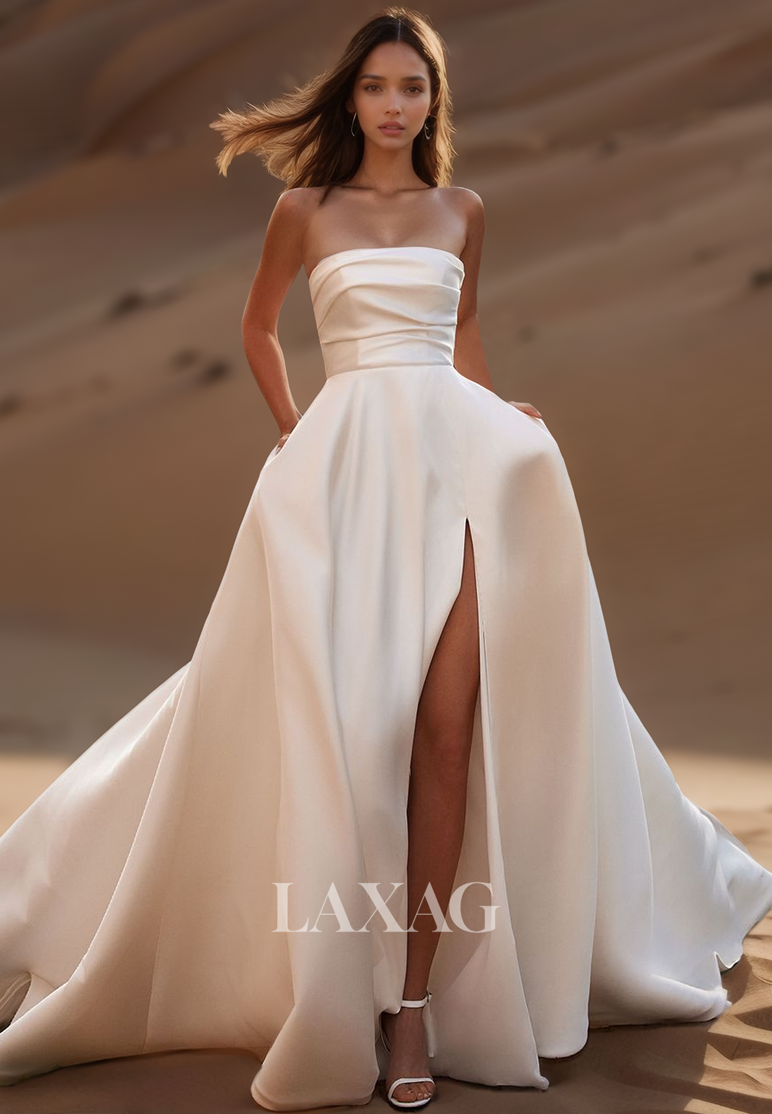 Simple Tube Top Off-Shoulder Sleeveless Pleated Sweep Train Satin A-Line Wedding Dress with High Slit