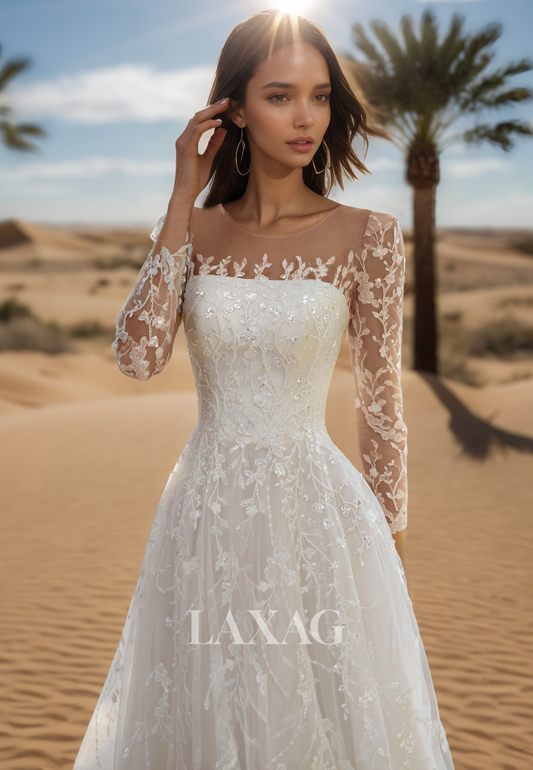 Tube Top Applique Beaded Pleated A-Line Wedding Dress Long-Sleeves Sweep Train Tulle Bride Gowns