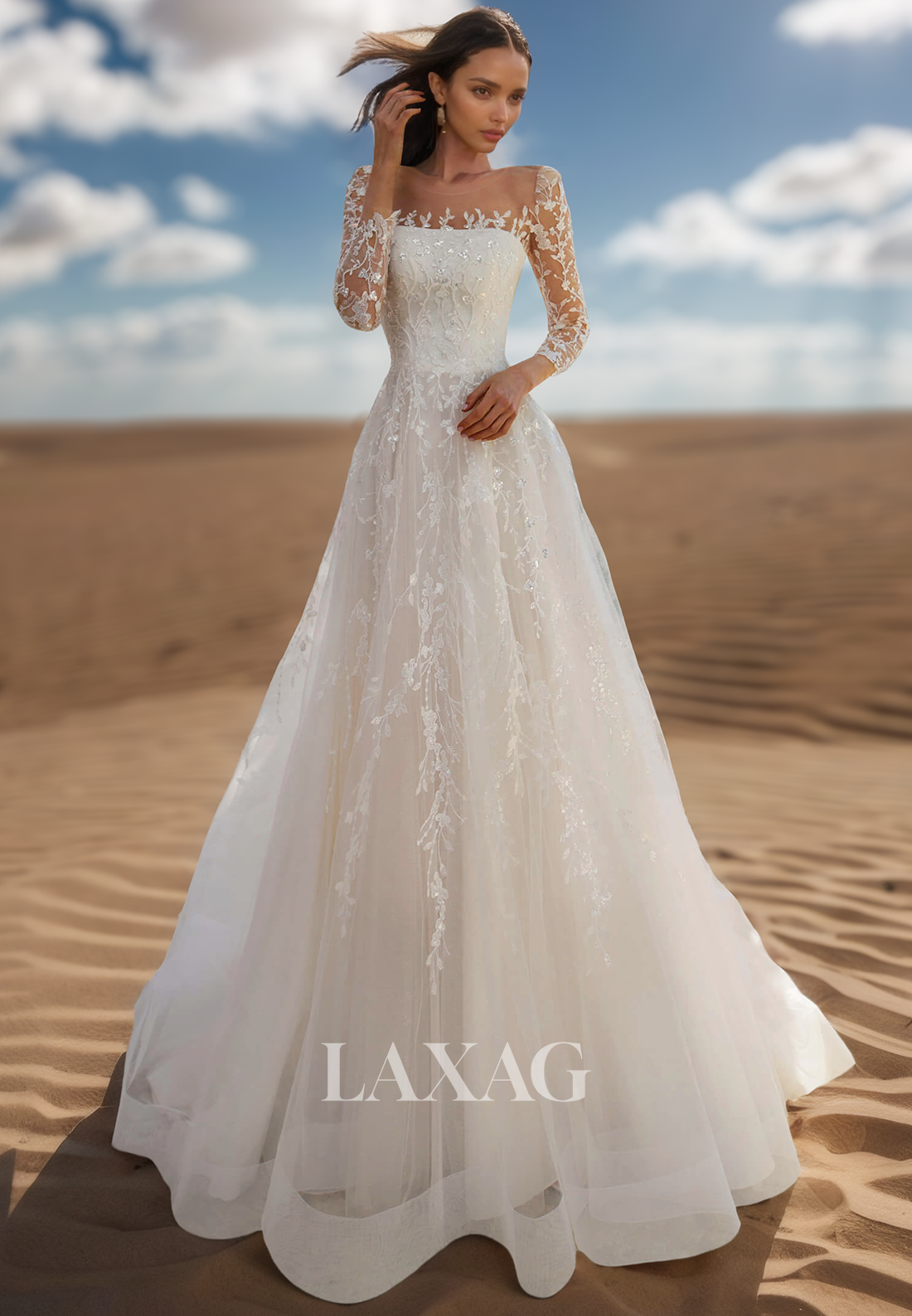 Tube Top Applique Beaded Pleated A-Line Wedding Dress Long-Sleeves Sweep Train Tulle Bride Gowns