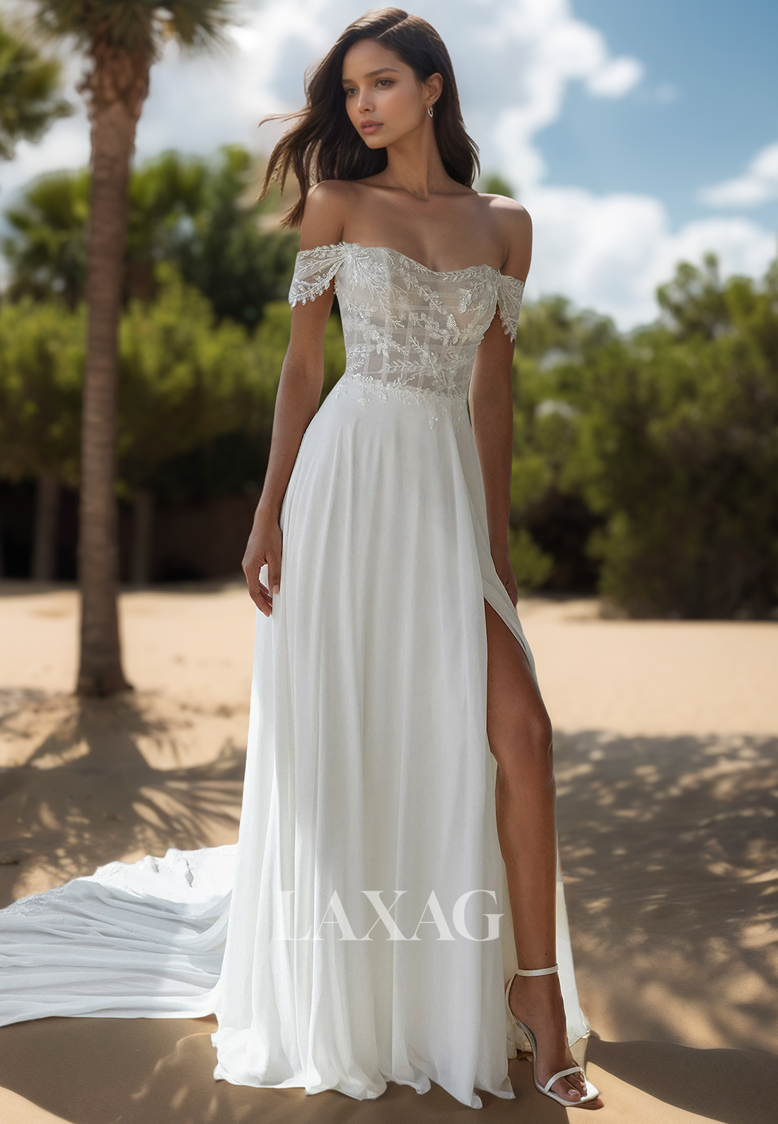Sweetheart Off-Shoulder Sleeveless Fitted Wedding Dress Applique Beaded High Slit Chiffon Bride Gowns