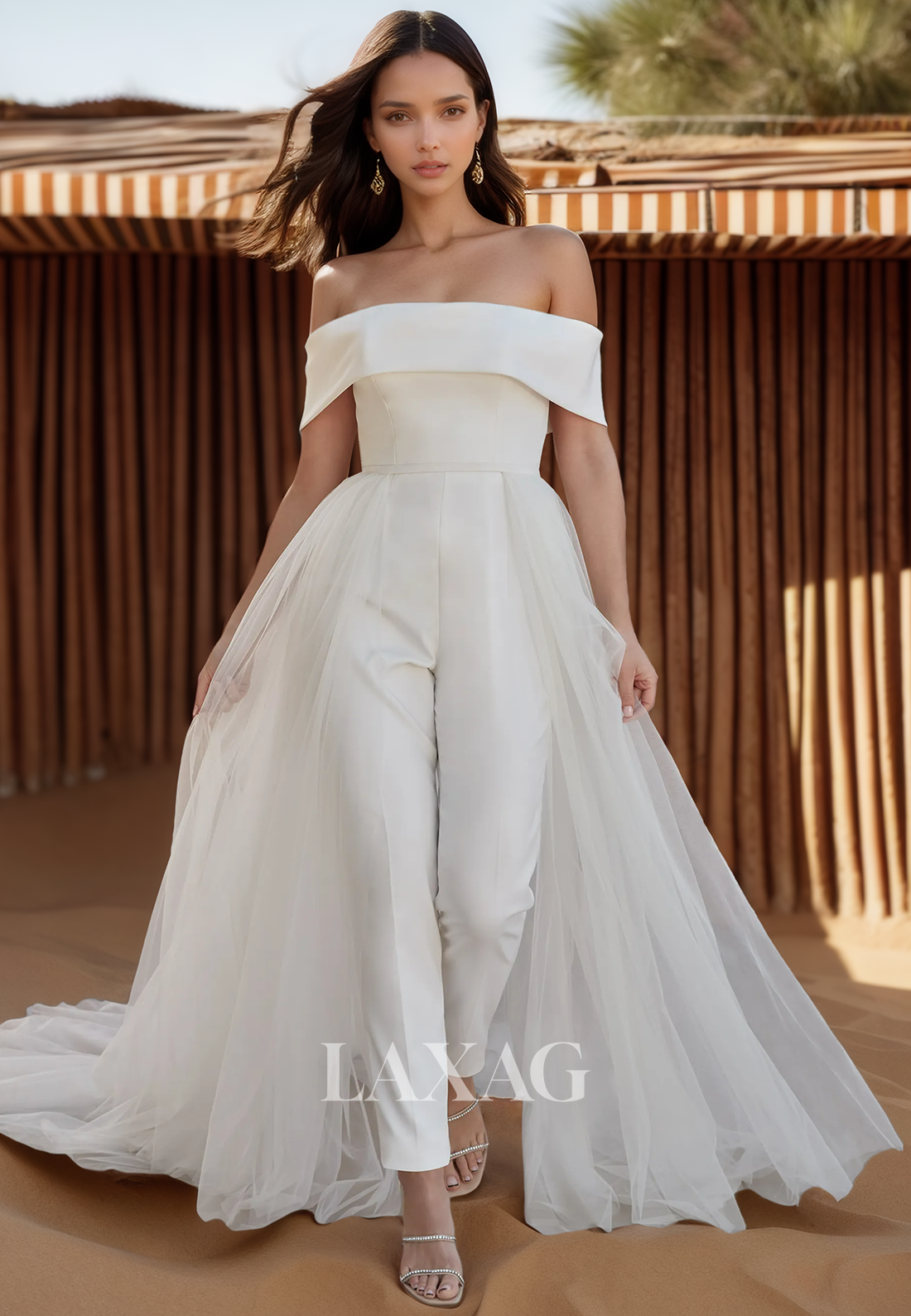 Tube Top Off-Shoulder Sleeveless Satin Bride Gowns Pleated Trousers Wedding Dress with Tulle Overskirt