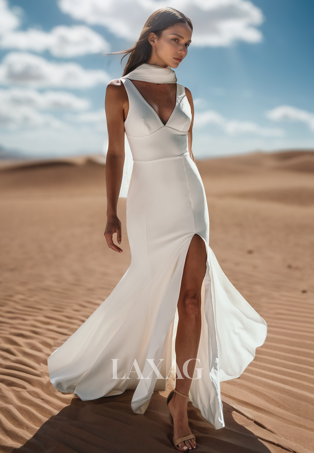Straps Deep V-Neck Off-Shoulder Chiffon Bride Gowns Sleeveless Pleated Mermaid Wedding Dress