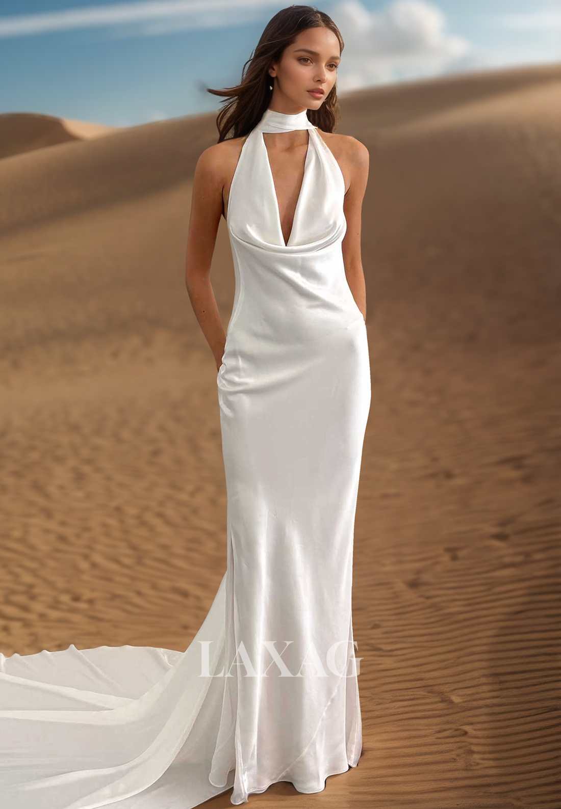 Halter Deep V-Neck Off-Shoulder Sleeveless Mermaid Wedding Dress Pleated Sweep Train Bride Gowns