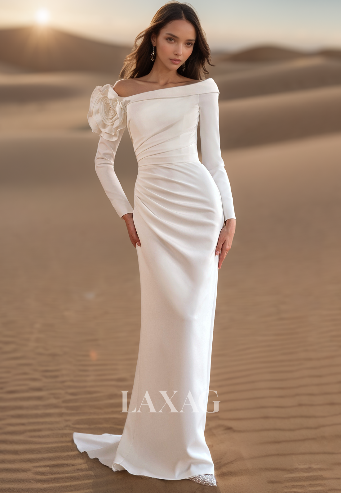 Asymmetrical-Neck Long-Sleeves Mermaid Wedding Dress Pleated Satin Bride Gowns with Floral Embellished