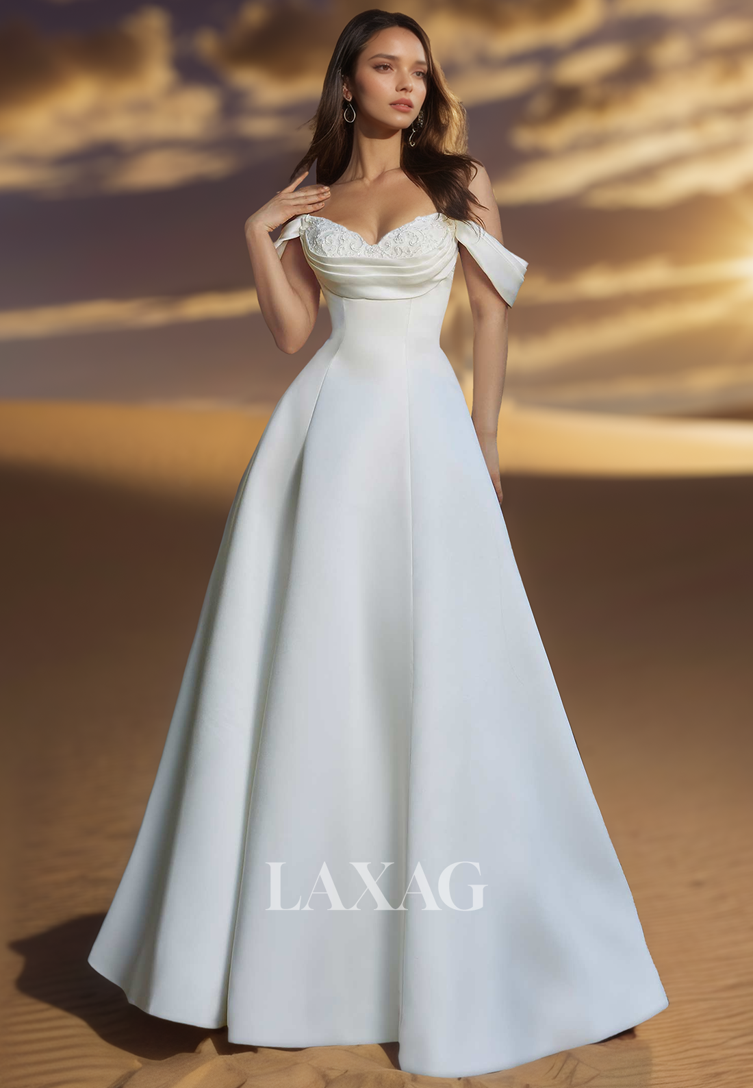 A-Line Sweetheart Off-Shoulder Sleeveless Beaded Applique Pleated Sweep Train Satin Wedding Dress with Big Bow