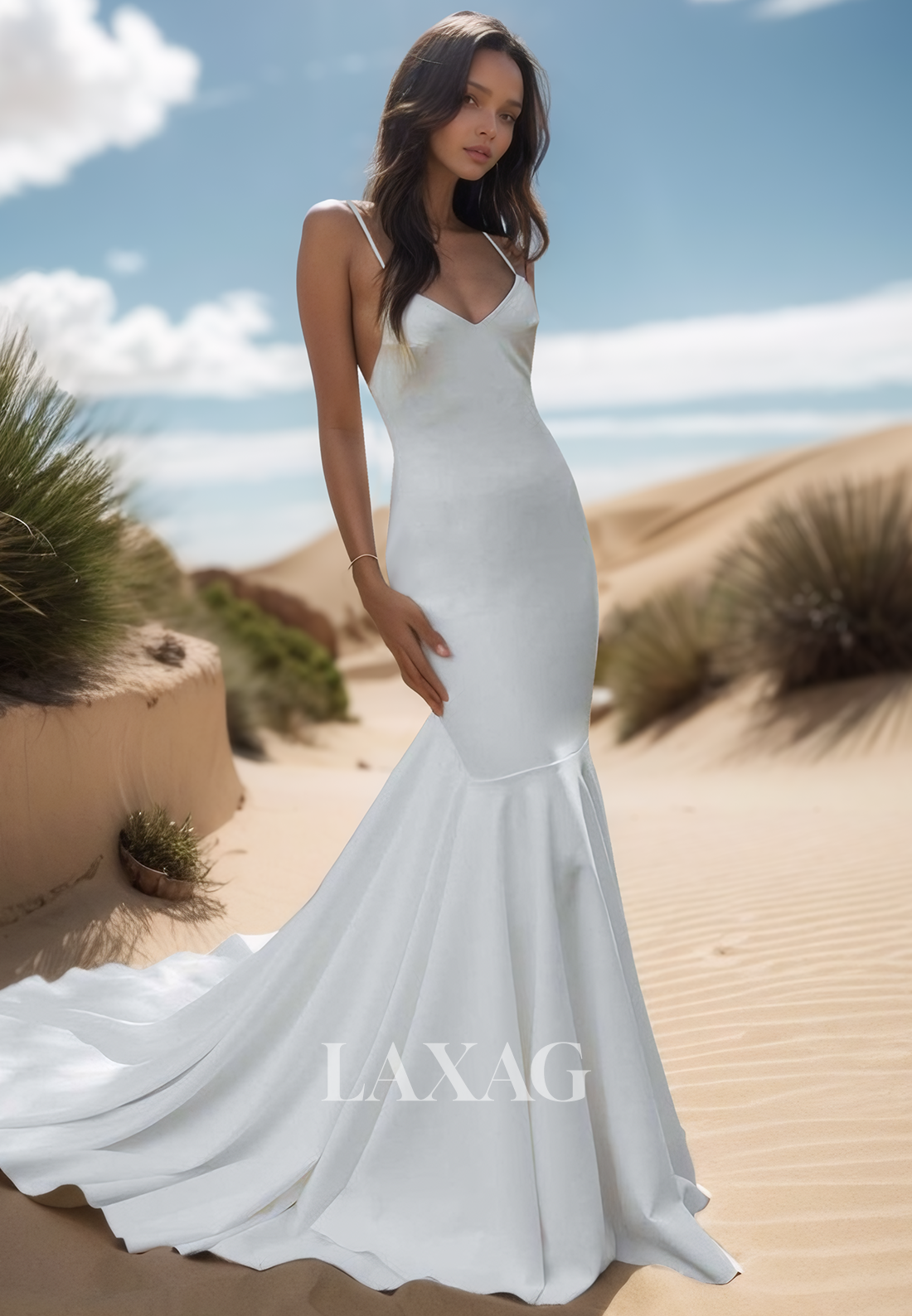 V-Neck Spaghetti Straps Off-Shoulder Sleeveless Pleated Mermaid Wedding Dress with Sweep Train
