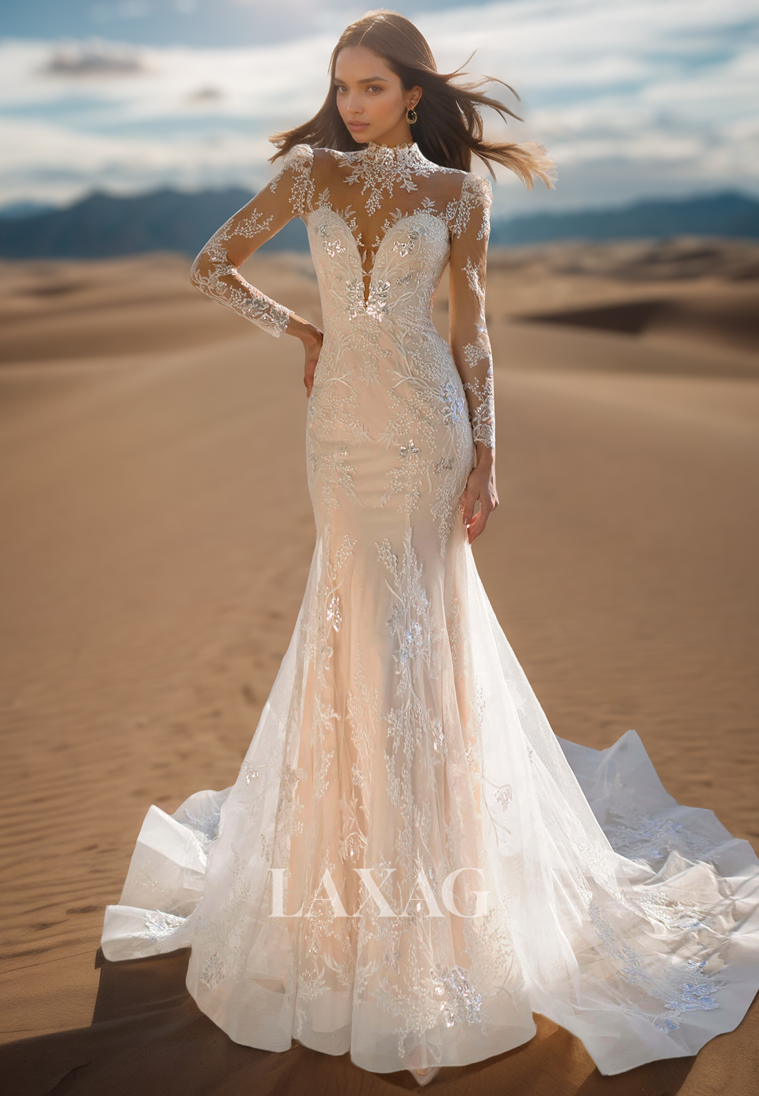 High-Sleeves Long-Sleeves Pleated Tulle Bride Gowns Beaded Applique Sweep Train Mermaid Wedding Dress