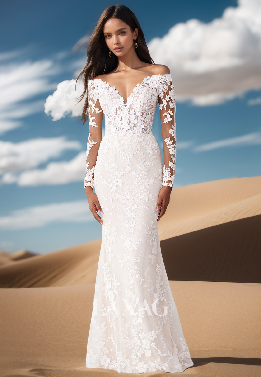 V-Neck Off-Shoulder Long-Sleeves Tulle Bride Gowns Fully Foliage Motif Applique Mermaid Wedding Dress