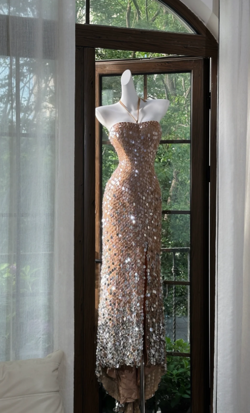 Gorgeous Halter Champagne Sequin Slit Mermaid Party Dress Long Evening Gown D1250