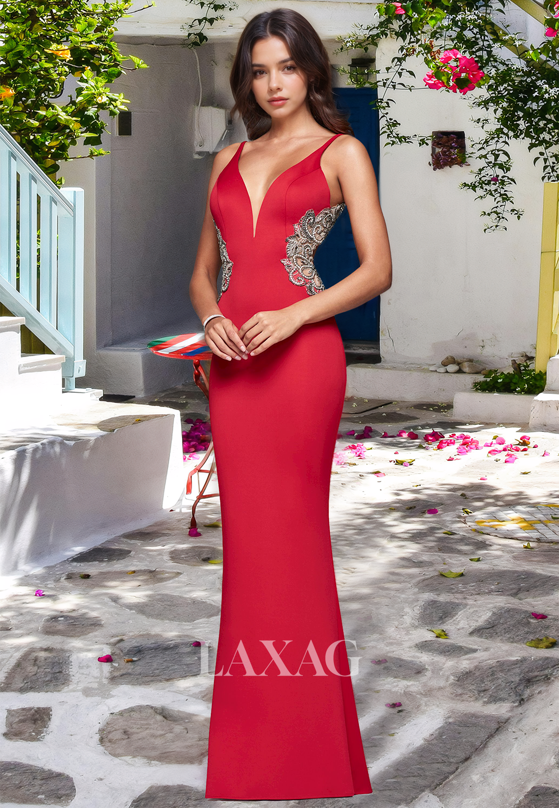 V-Neck Sleeveless Long Cutout Open Back Satin Formal Gowns Beaded Mermaid Prom Dress - Fashionpara