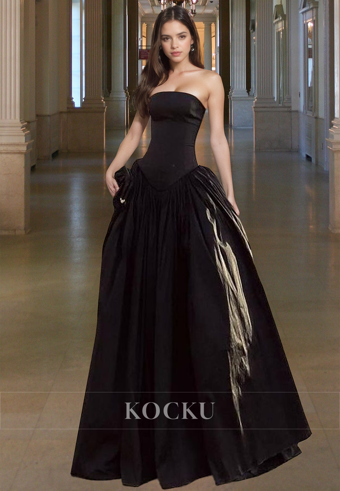 Strapless Tube Top A-Line Sleeveless Floor-Length Pleated Satin Prom Dress Evening Dress
