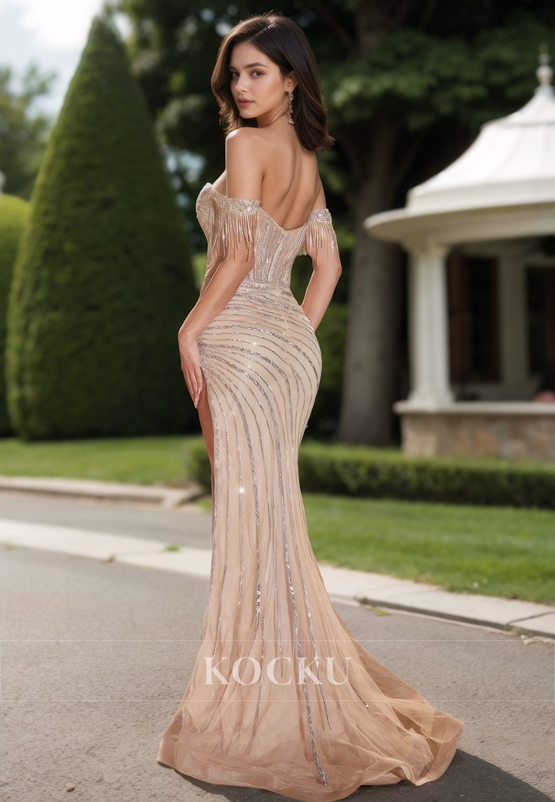 Sweetheart Sheath Sleeveless High Slit Stripe Beaded Prom Dress with Detachable Overskirt Party Gowns