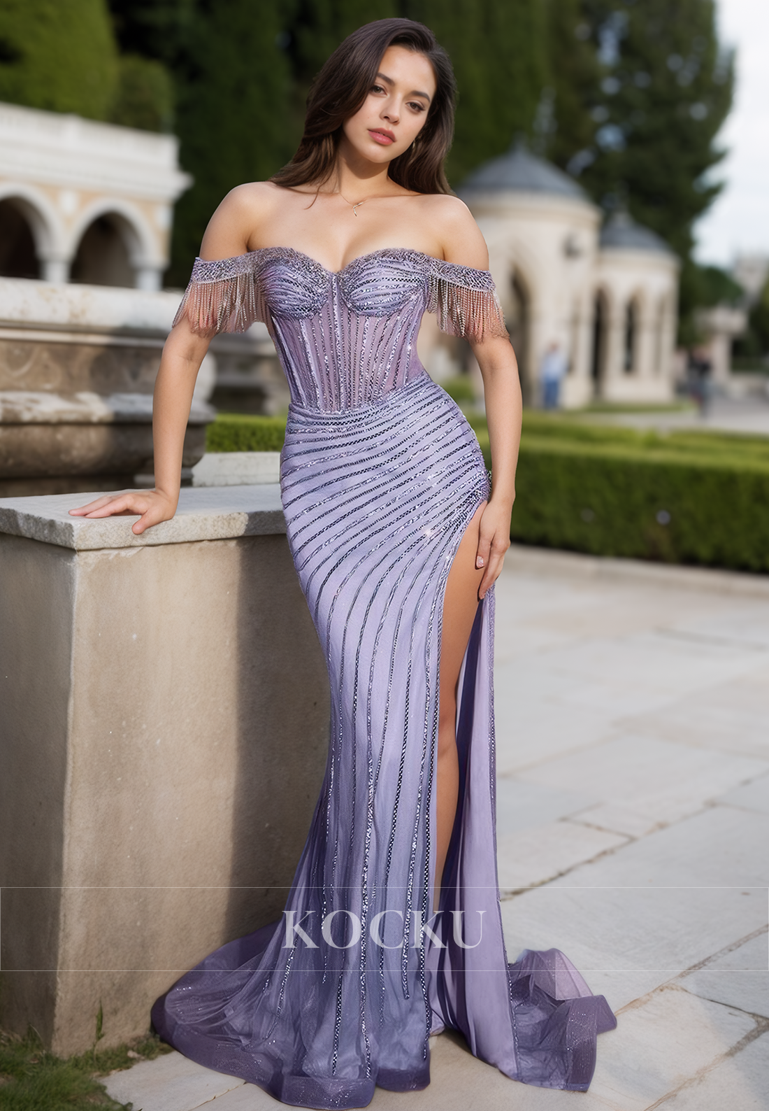 Sweetheart Sheath Sleeveless High Slit Stripe Beaded Prom Dress with Detachable Overskirt Party Gowns