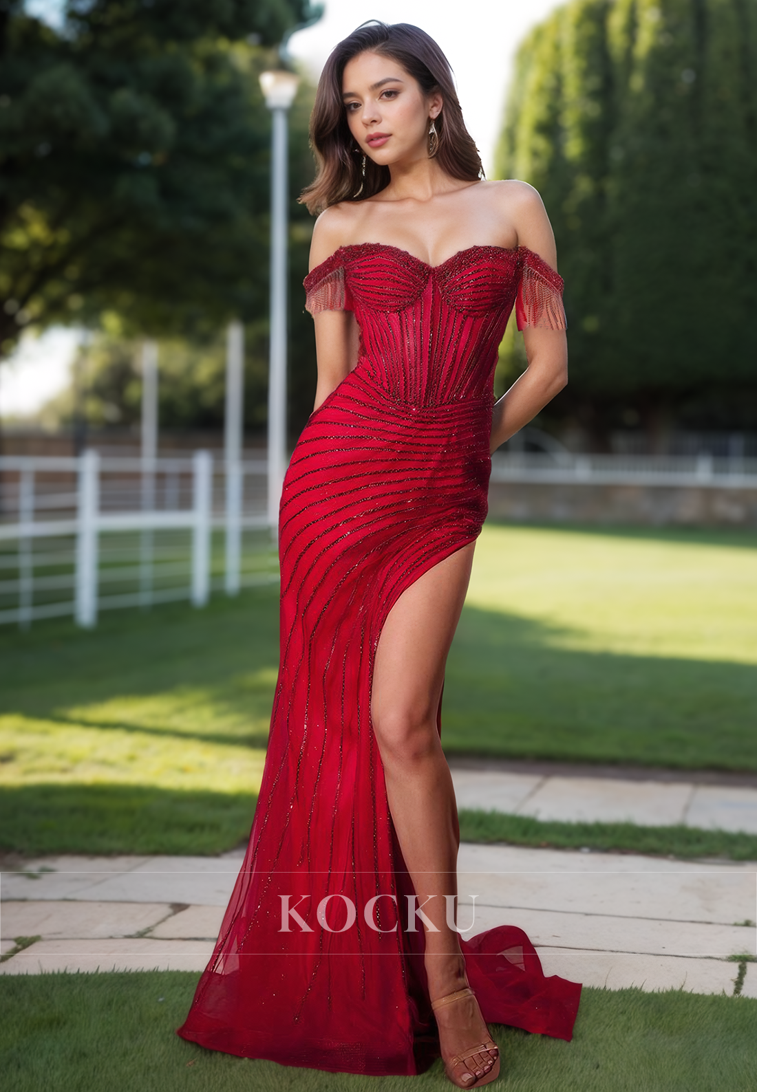 Sweetheart Sheath Sleeveless High Slit Stripe Beaded Prom Dress with Detachable Overskirt Party Gowns