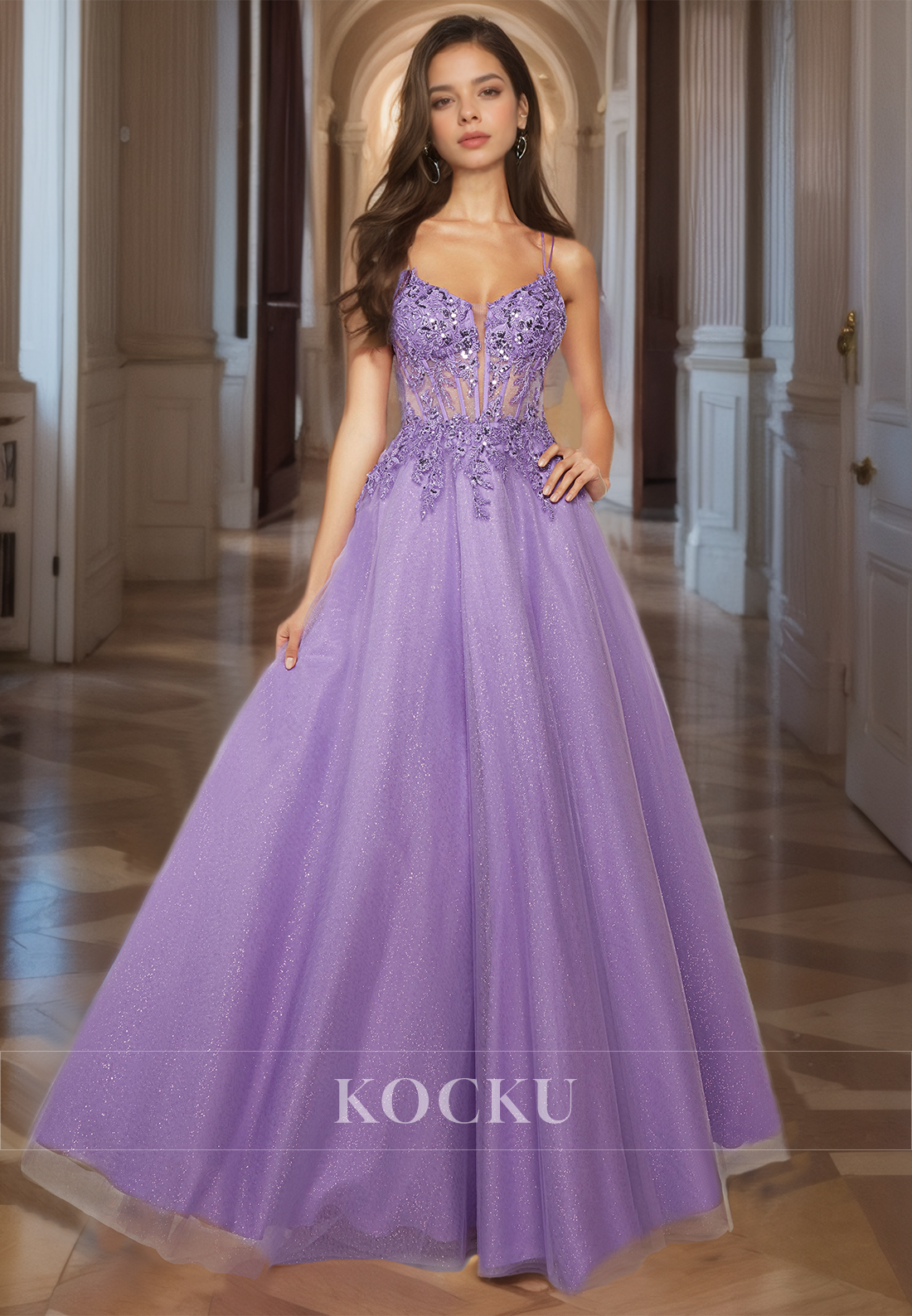 A-Line Spaghetti Straps Scoop Neck Pleats Stripe Glitter Lace Prom Dress with Appliques Party Dress