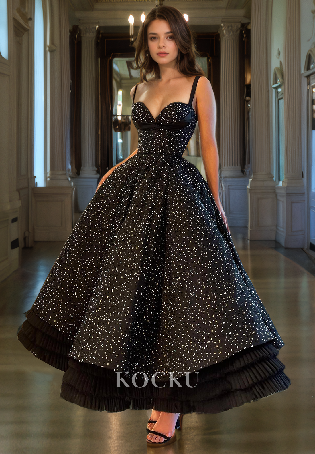 Couture & Ornate Spaghetti Straps Sweetheart A-Line Sparkly Evening Party Prom Dress with Beaded
